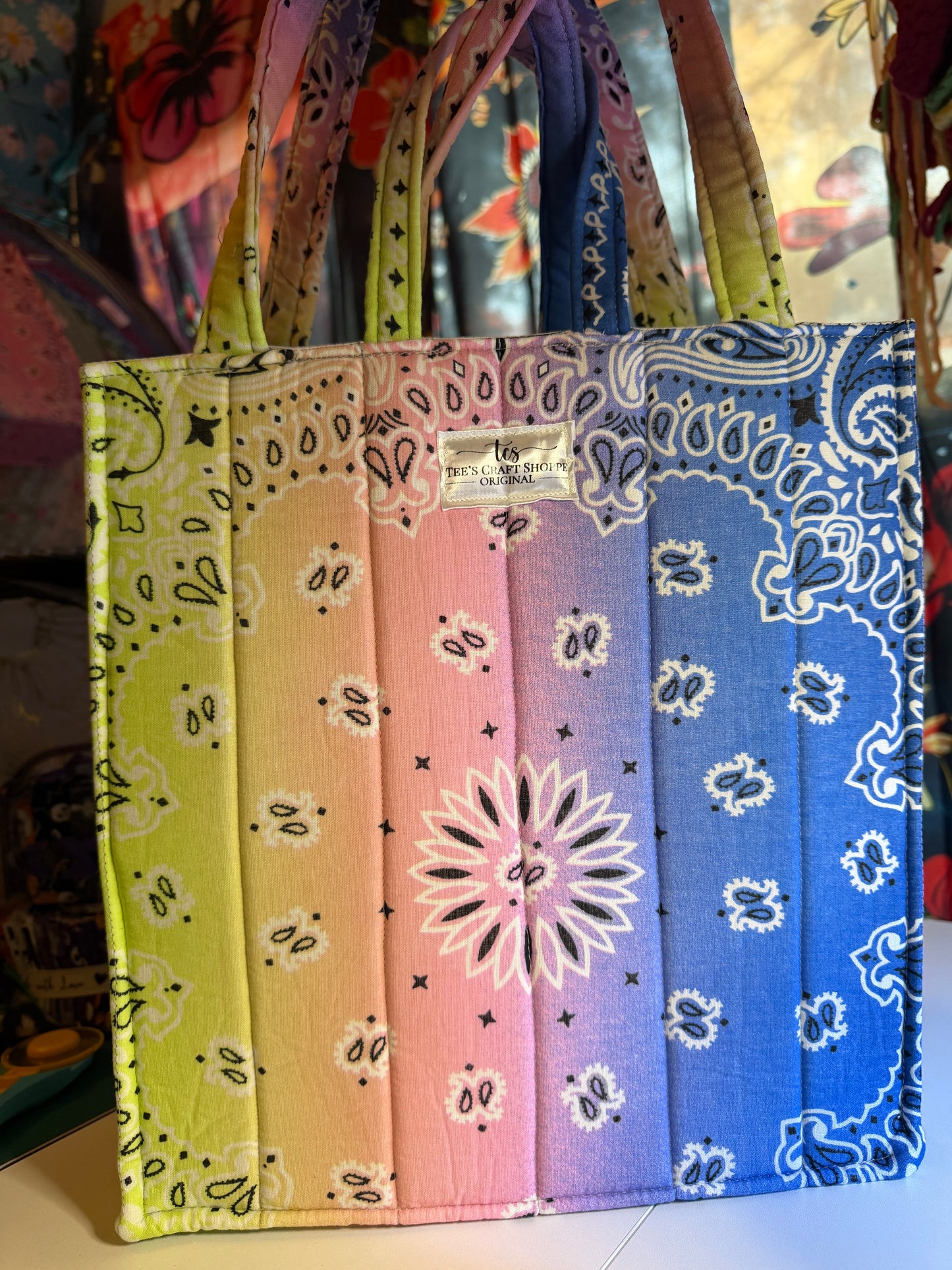 Bag - Bandana Tote, Green, Blue, & Pink Ombré 0013